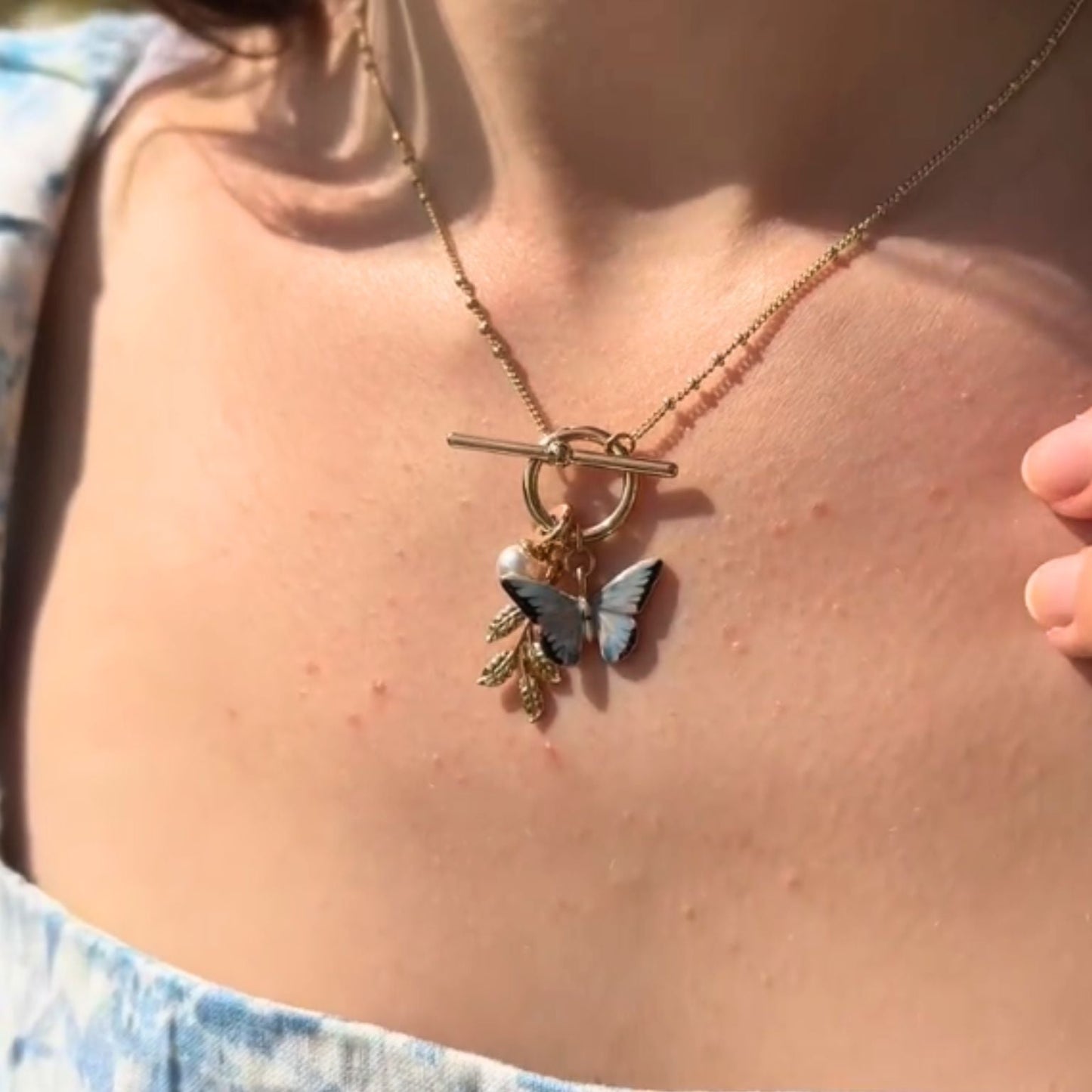 FABLE Enamel Blue Butterfly & Leaf Charm Necklace - Peppy & Sage
