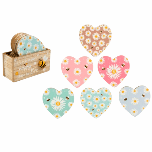 Home Is Our Happy Place To Bee Wooden Heart Coasters Set of 6 - Peppy & Sage