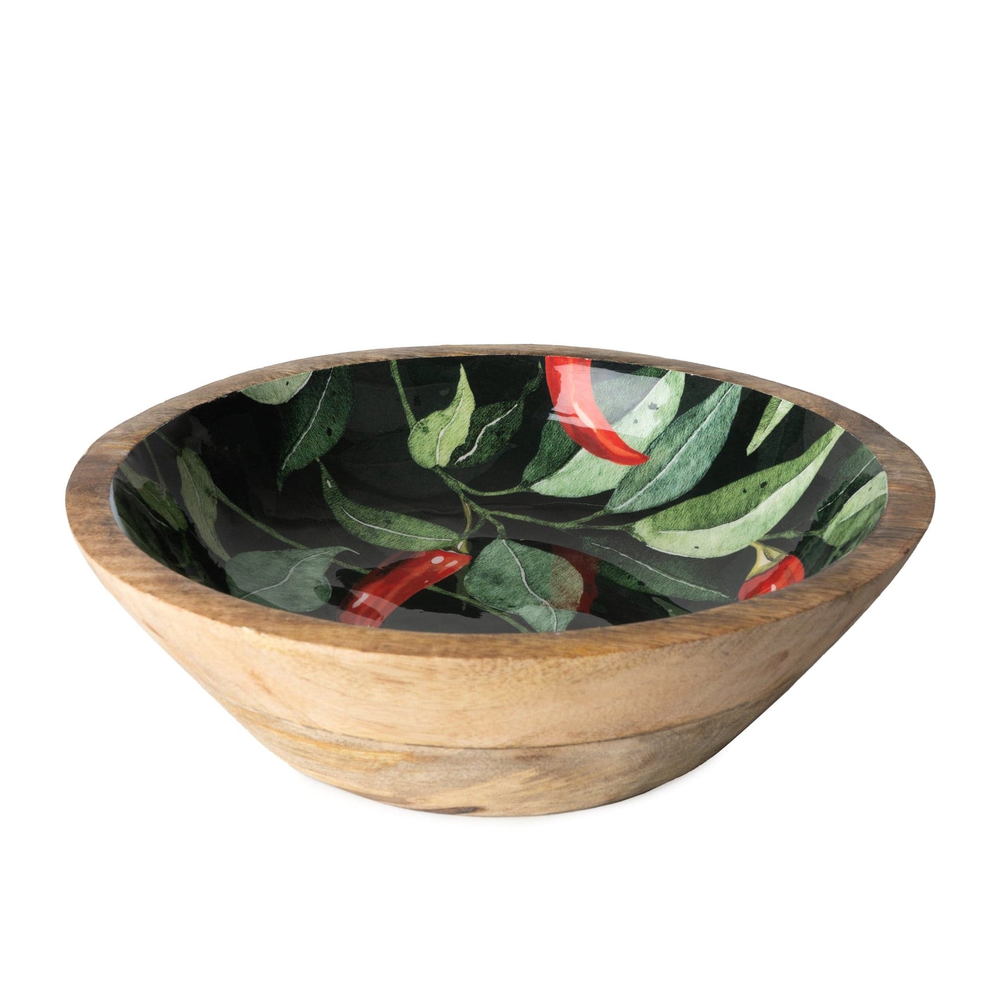 Large Mango Wood Bowl - Enamel Chilli Print - Peppy & Sage