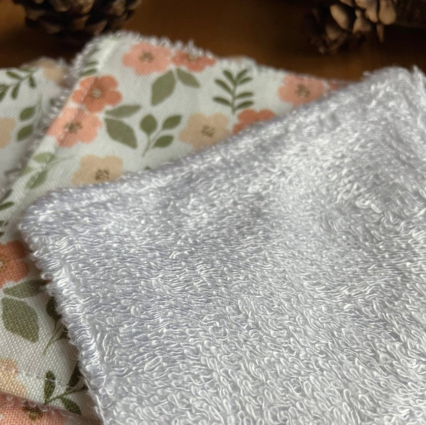 Reusable Face Wipes - White Floral Pattern - Handmade 4 Per Pack - Peppy & Sage