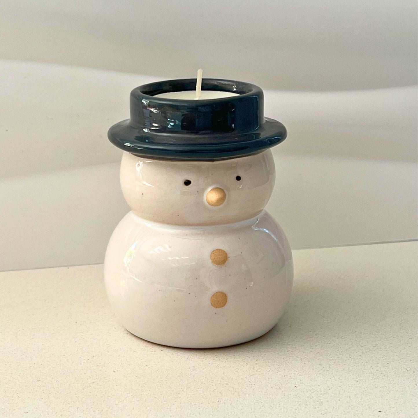 Stoneware Snowman T - Light Holder, 9.5cm - Peppy & Sage