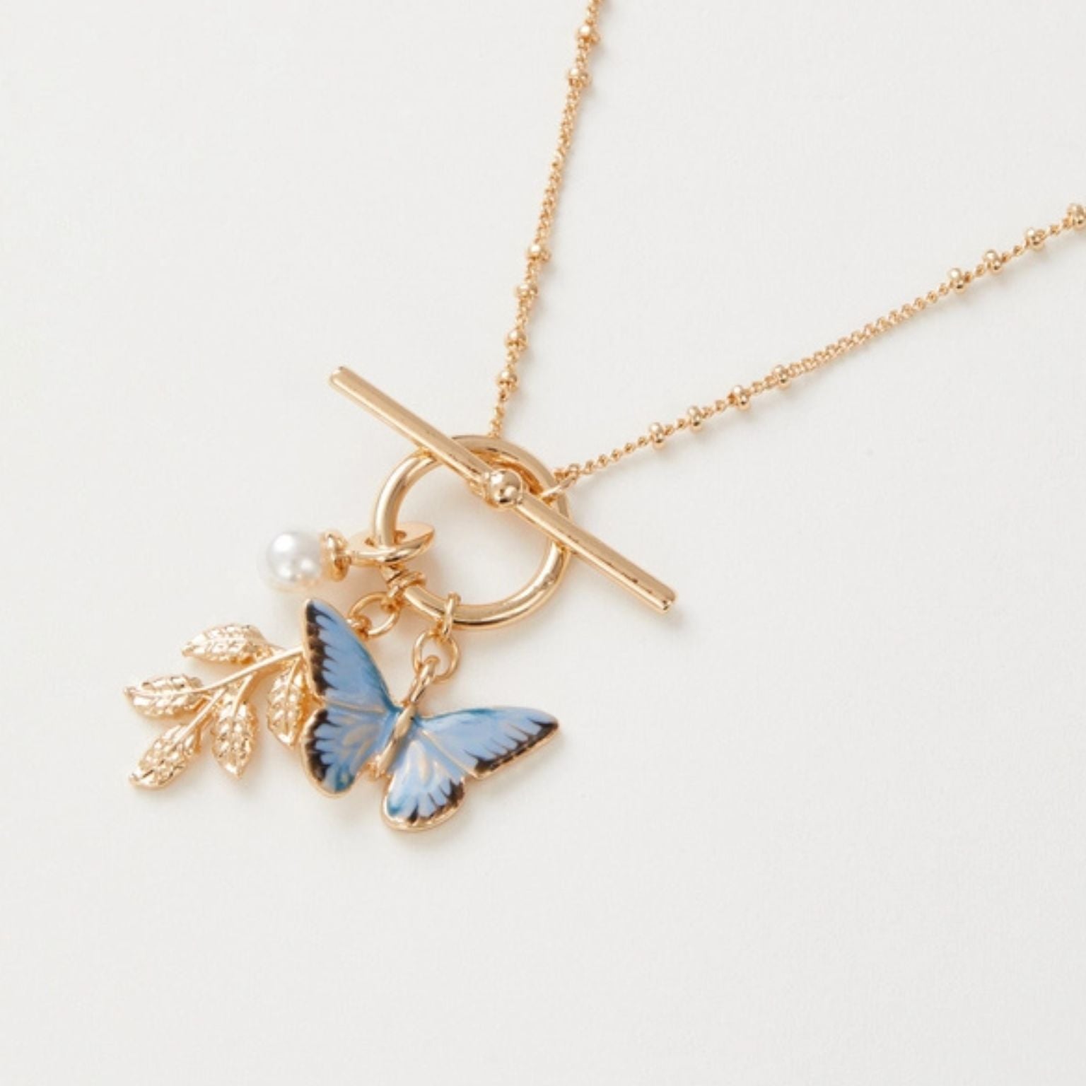 FABLE Enamel Blue Butterfly & Leaf Charm Necklace - Peppy & Sage