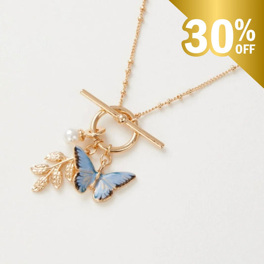 FABLE Enamel Blue Butterfly & Leaf Charm Necklace - Peppy & Sage
