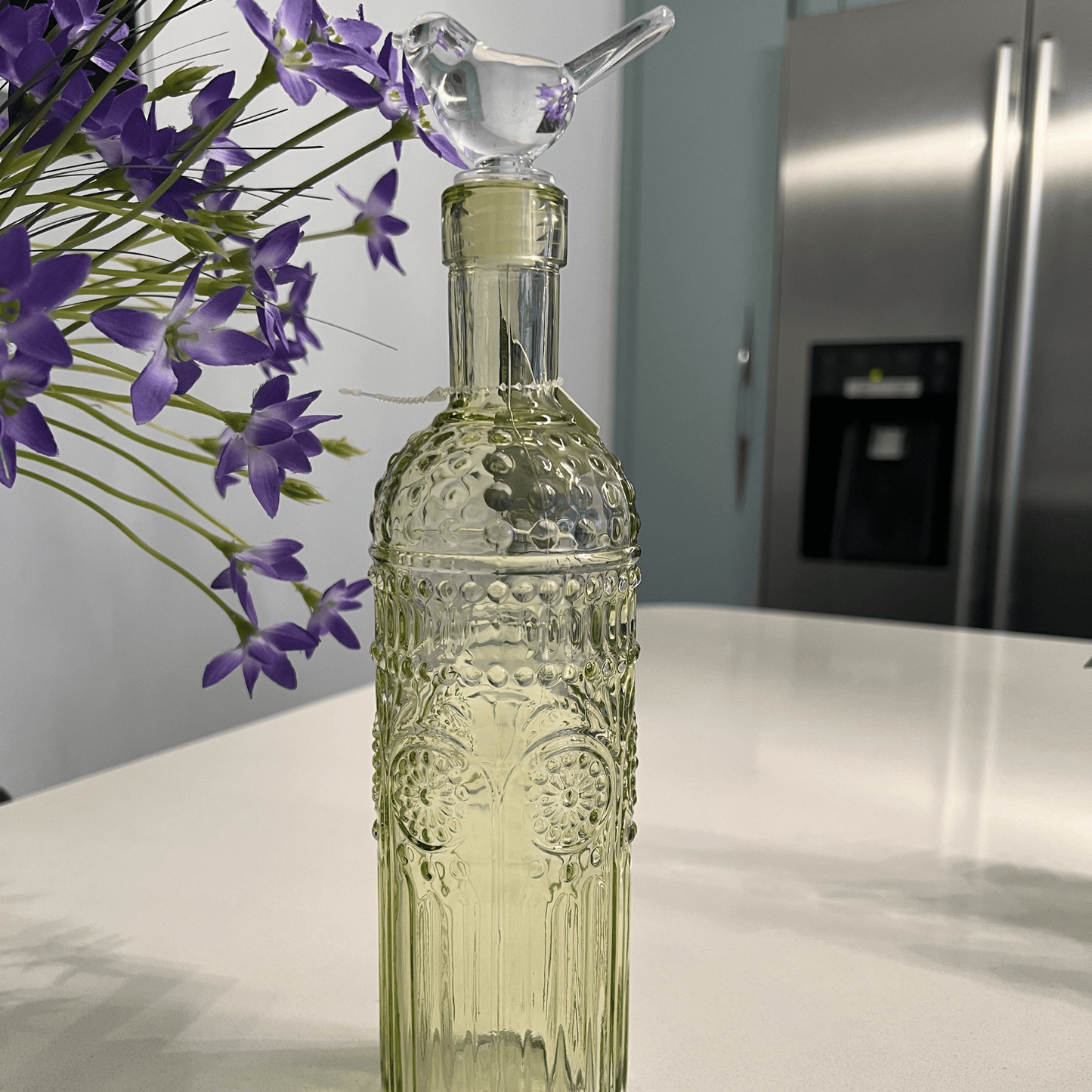 Glass Bottle With Bird Stopper 24.5cm Yellow - Peppy & Sage