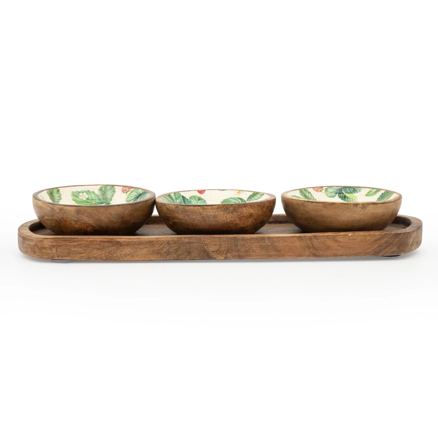 Handcrafted Set of 3 Small Mango Wood Dipping Bowls - Strawberries - Peppy & Sage
