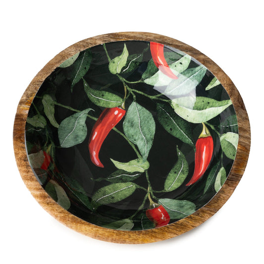 Large Mango Wood Bowl - Enamel Chilli Print - Peppy & Sage