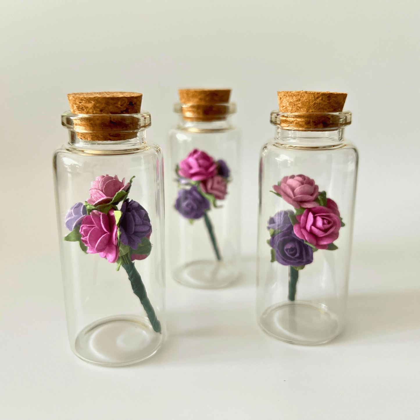 Mini Glass Bottle With Paper Roses Bouquet and Cork Lid. - Peppy & Sage