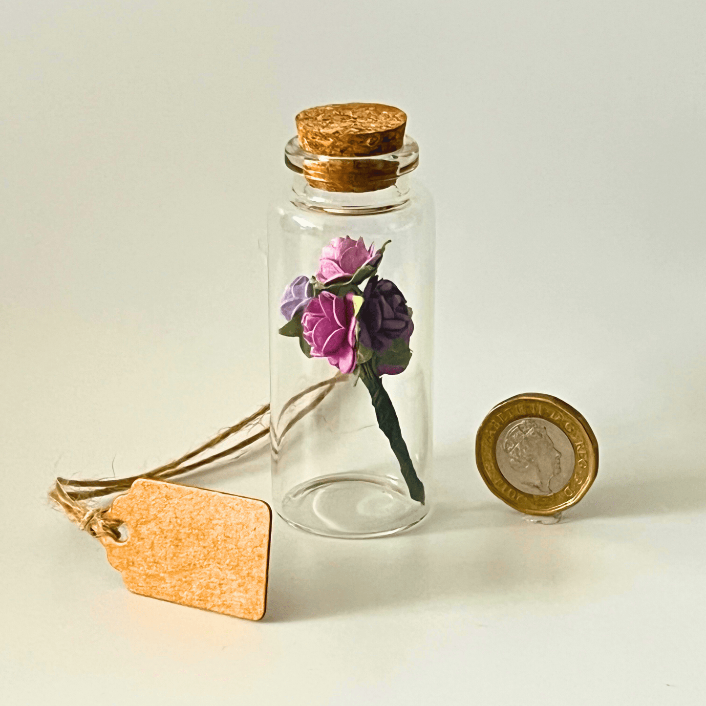 Mini Glass Bottle With Paper Roses Bouquet and Cork Lid. - Peppy & Sage