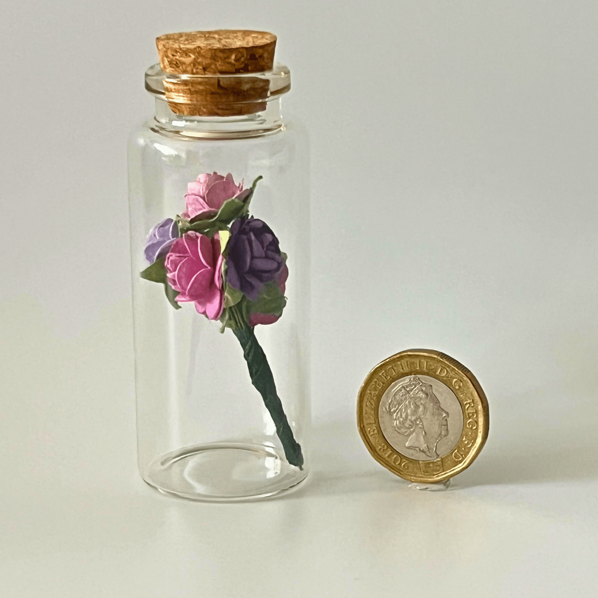 Mini Glass Bottle With Paper Roses Bouquet and Cork Lid. - Peppy & Sage