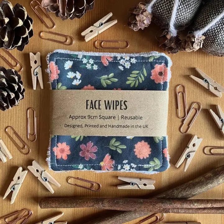 Reusable Face Wipes - Blue and Orange Floral Pattern - Handmade 4 Per Pack - Peppy & Sage