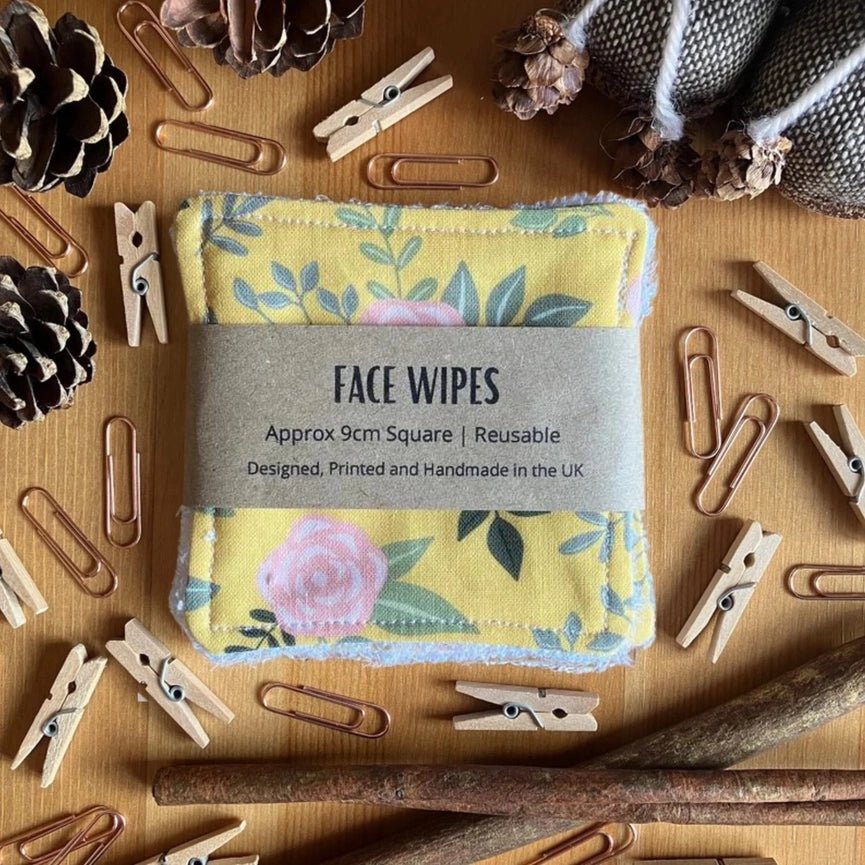 Reusable Face Wipes - Yellow Floral Patterned - Handmade 4 Per Pack - Peppy & Sage