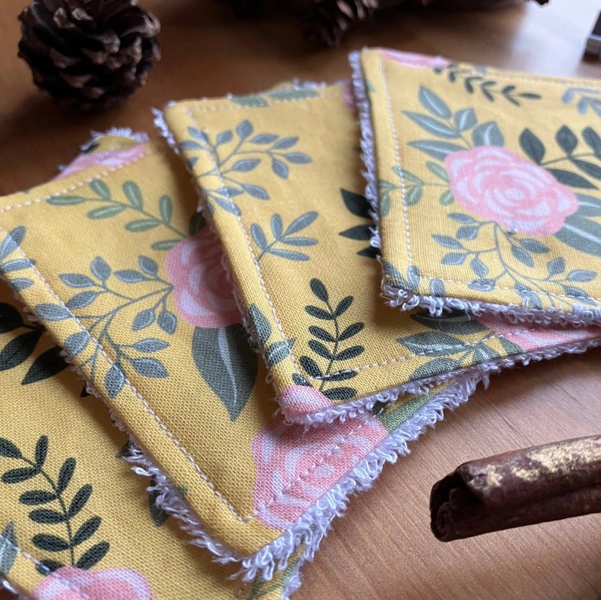 Reusable Face Wipes - Yellow Floral Patterned - Handmade 4 Per Pack - Peppy & Sage