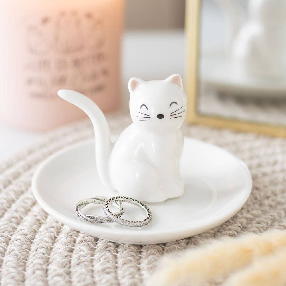 Sitting White Cat Face Trinket Dish - Peppy & Sage