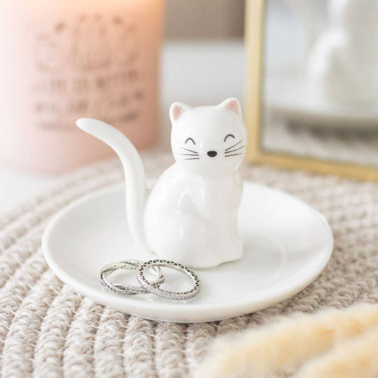 Sitting White Cat Face Trinket Dish - Peppy & Sage