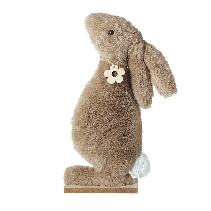 Very large Standing Fur Bunny With Wooden Flower 36cm - Peppy & Sage