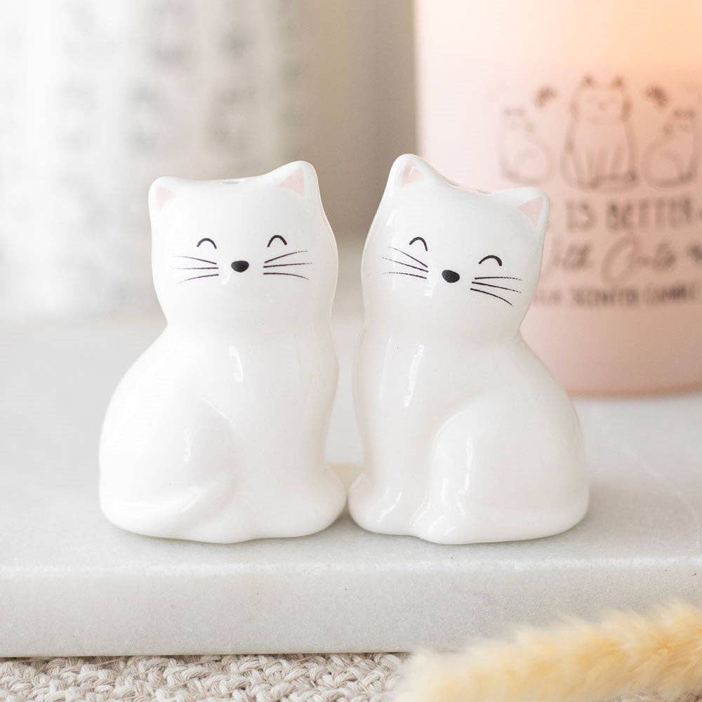 White Cat Shaped Salt and Pepper Shakers - Peppy & Sage