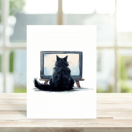 Black Cat Watching TV Greetings Card - Peppy & Sage