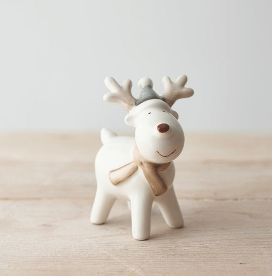 Cute White Ceramic Reindeer with Hat 9cm - Peppy & Sage