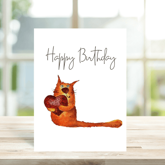 Ginger Cat with a Heart Birthday Card - Peppy & Sage