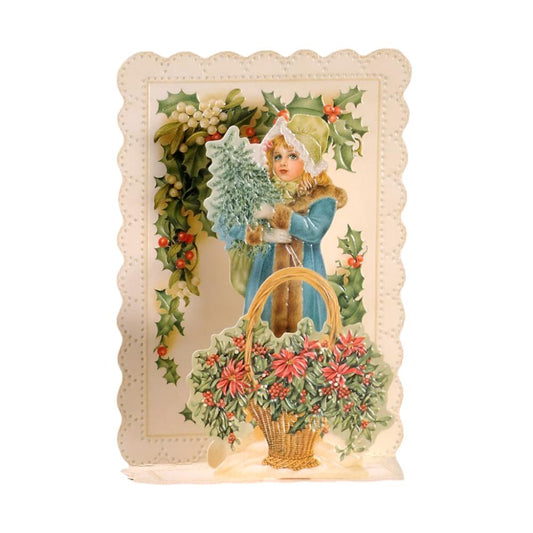 Girl with Flowers & Holly Cascade Card - Peppy & Sage