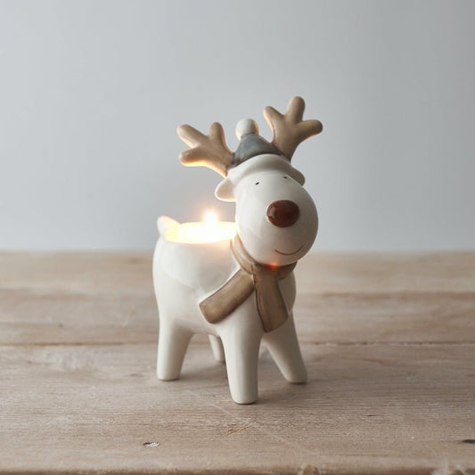 Large Cute White Ceramic Reindeer T Light Holder 15cm - Peppy & Sage